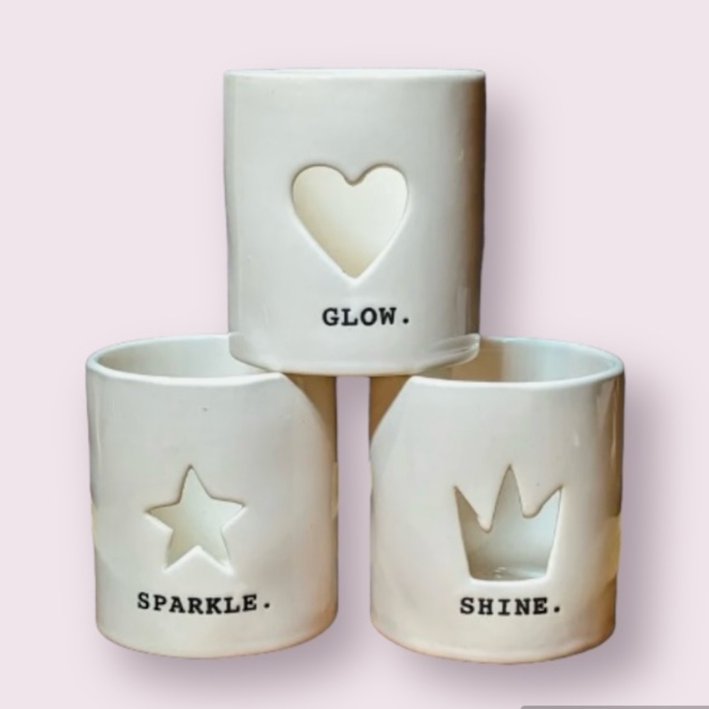 Rae Dunn Magenta Collection Glow, Sparkle & Shine 3 Votive Candle Holders